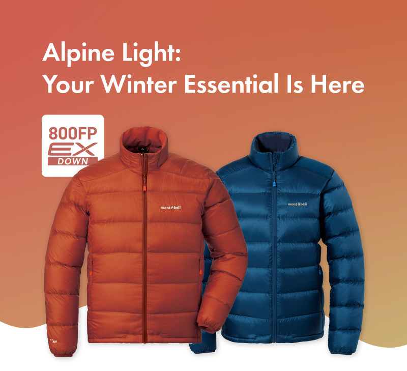 Top Image Text:Alpine Light: Your Winter Essential Is Here. An orange Alpine Light Down Jacket Men's model and a blue green Alpine Light Down Jacket Women's.