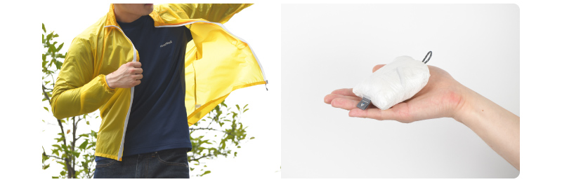 A photo of a man casually wearing the EX Light Wind Jacket, and a photo of the jacket stored in its packable pouch resting in the palm of his hand.